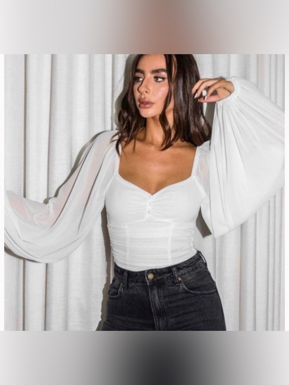 Princess Polly White Square-Neck Ruched Bodysuit with Sheer Bishop Sleeves